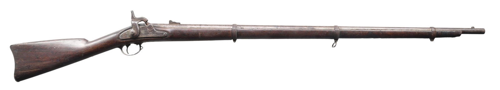 SPRINGFIELD MODEL 1863 TYPE I RIFLE-MUSKET.: Cal. 58. NSN. Bbl. 40" round w/ blade front sight & 2 leaf rear sight. Springfield marked lock is dated 1863. 3 band fastened walnut stock w/ iron fittings. Ramrod & rear swivel are not present. CONDI