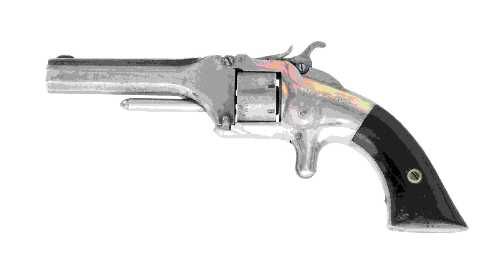 FINE EARLY ALL SILVER PRESENTATION SMITH & WESSON: NO. 1, 1ST ISSUE REVOLVER. Cal. 22. S# 1872. Standard configuration, 3.2" barrel, one line address, patent marked cylinder, brass frame, varnished rosewood grips, all silver plated. Engraved presentat
