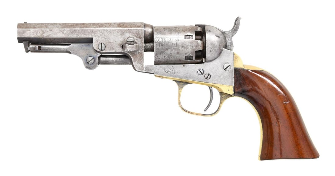 CIVIL WAR COLT 1849 REVOLVER INSCRIBED TO "RICHARD: RUSH, US NAVY". Cal .31, S# 190614/190503. Standard configuration of 1860 manufactured Colt pocket revolver, 4" octagon barrel, 1-line New York address. Professional script inscription on back strap: 