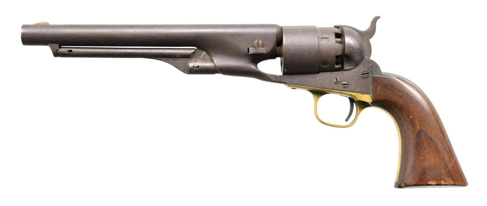 COLT MODEL 1860 ARMY SINGLE ACTION PERCUSSION: REVOLVER. Cal. 44. S# 92370. Bbl. 8". Model 1860 Army single action percussion revolver, mfg. by Colt in 1863. Top of the bbl. is marked "-ADDRESS COL. SAML COLT NEW-YORK U.S. AMERICA-". Cyl. is engra