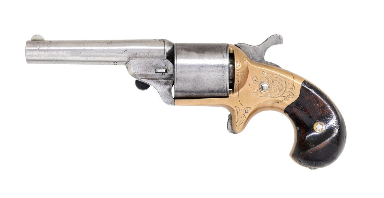 MOORE TEAT-FIRE FRONT LOADING REVOLVER.: Cal. 32. S# 27886. Standard configuration of late production, 1969-1870, "MOORES PAT FIRE ARMS CO, BROOKLYN" marked 3.25" barrel, "WILLIAMSON PATENT 1864" roll marked cylinder, silver plated engraved 