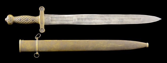 RARE AMES 1832 SHORT SWORD WITH BRASS SCABBARD.