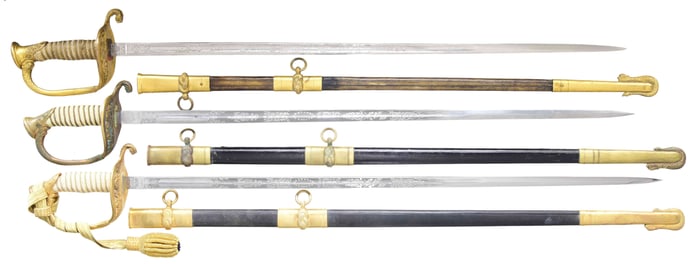 2 LATE M1852 NAVAL OFFICER"S SWORDS & A LATE M1852