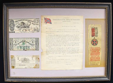 FRAMED GROUP OF CONFEDERATE MEMORABILIA.