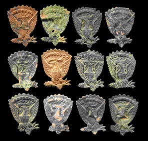 11 EXCAVATED US M1858 HARDEE HAT EAGLES & 1 NON-