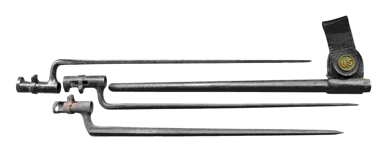 3 POST-CIVIL WAR BAYONETS.: This group includes 1 bayonet for a blued finish for a 45-70 rifle. Bayonet is marked on just in front of the elbow "US". It is housed in a standard scabbard with a "U.S" button at the belt loop. / 1 