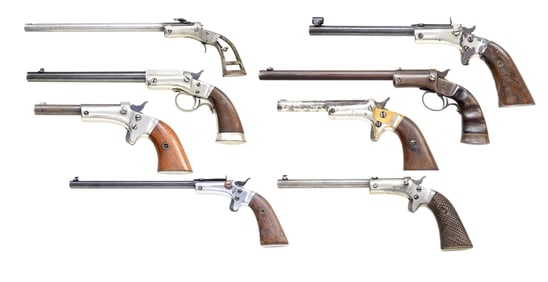 LOT OF 8 STEVENS SINGLE SHOT PISTOLS.