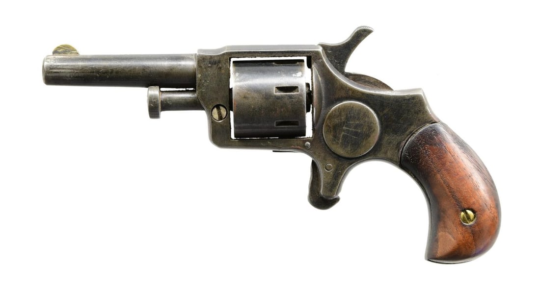 "BULL'S EYE" SUICIDE SPECIAL REVOLVER.: Cal. 22. S# 878. 2.25" barrel marked "BULLS EYE", 7-shot cylinder, no other markings, circa 1870s. CONDITION: fair to good overall, broken mainspring, otherwise appears functional. PROVENANCE: Martin 