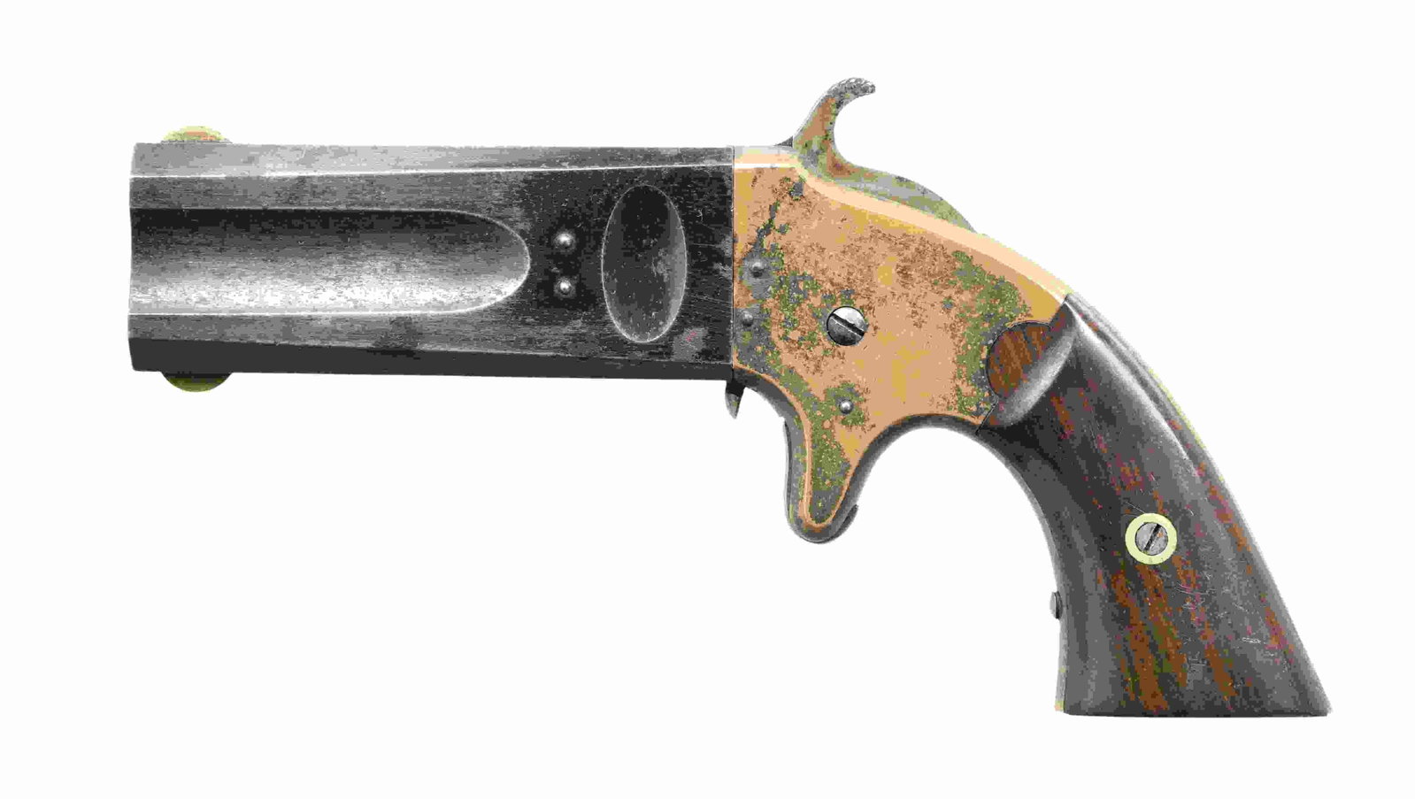 AMERICAN ARMS CO. WHEELER'S PATENT SWIVEL BREECH: PISTOL. Cal. 22RF / 32 RF. S# 1088. Bbl. 3". Wheeler's Patent swivel breech pistol, mfg. by American Arms Co. in Boston, MA. Top flat of the .32 cal. bbl. is marked "AMERICAN ARMS CO, BOSTON, MASS." w