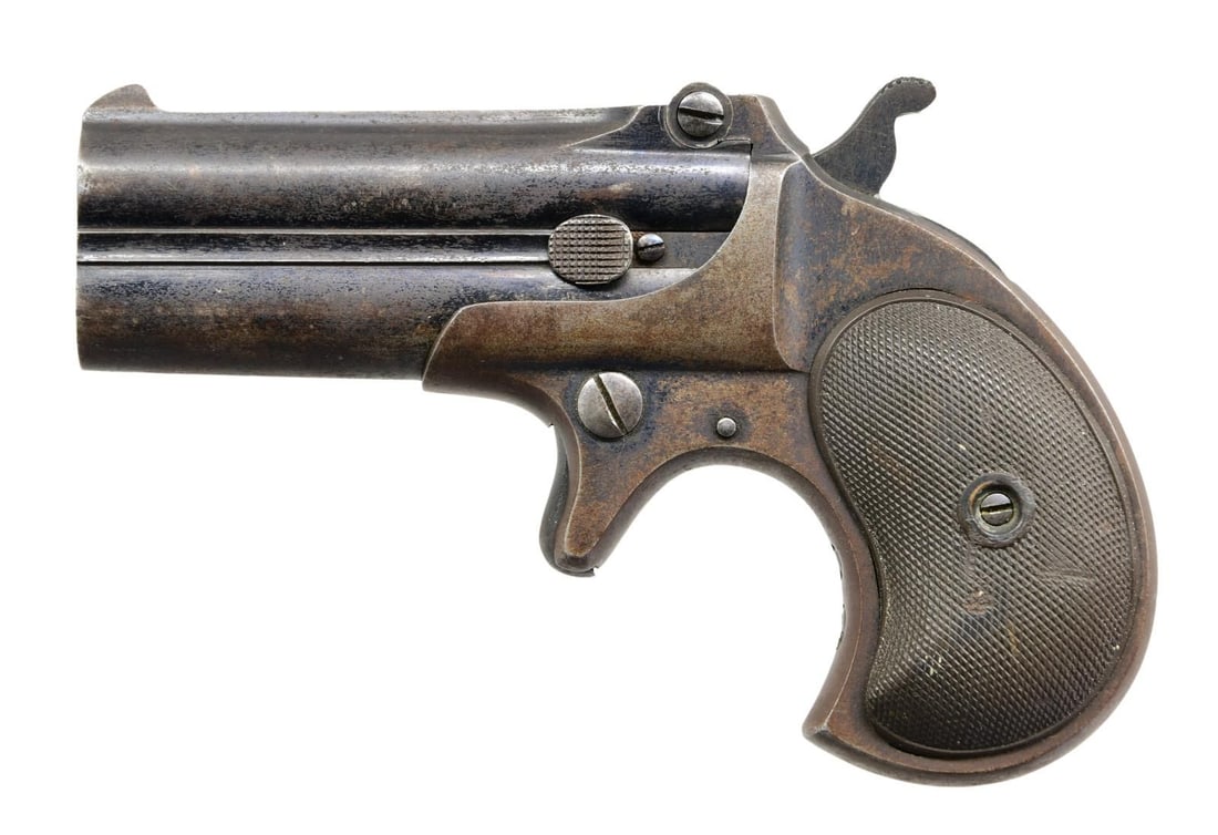 REMINGTON 95 O/U DERRINGER PISTOL.: Cal. 41 RF. S# 756. Bbls. 3". Blade front sight. Bbl. top has a "REMINGTON ARMS CO. ILLION NY" address. Hammer will not hold at full cock. Blued finish. Checkered brown grips. CONDITION: grips show he