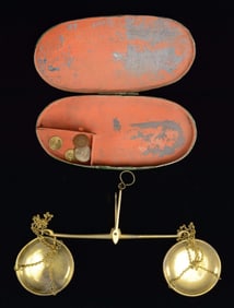 CALIFORNIA GOLD MINER"S SCALE IN DECORATED TIN