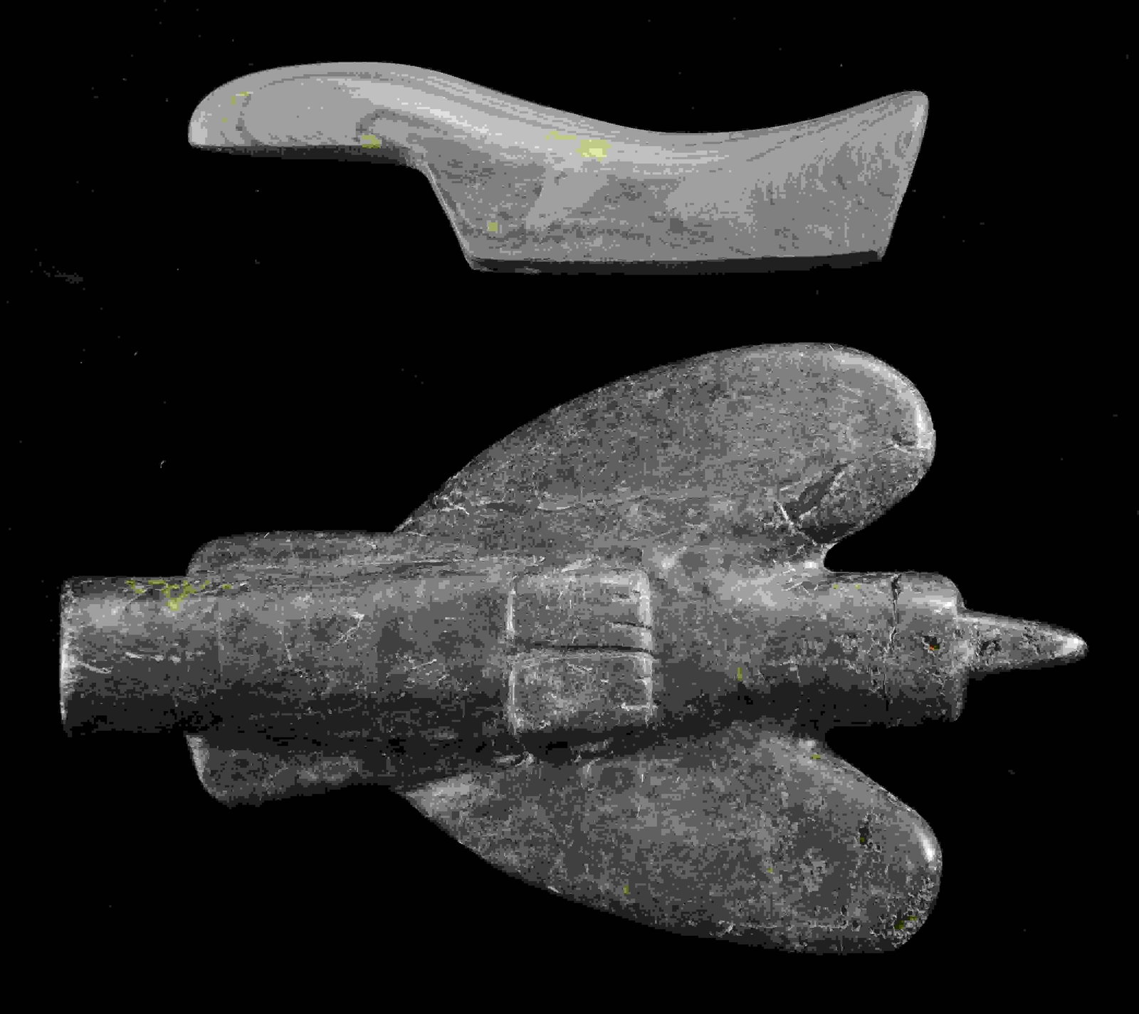 ARCHAIC STYLE NATIVE AMERICAN CARVED STONE: "BIRD EFFIGY PIPE". Stylized bird in flight measures 6.5" x 4" black polished stone. Accompanying pipe is an unknown polished stone tool with two holes drilled for cords. CONDITION: unknown tool is ve