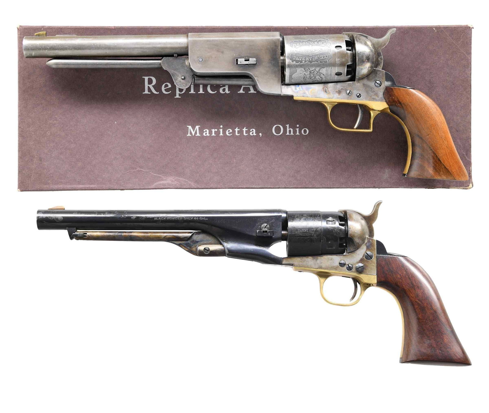 LOT OF TWO ITALIAN REPRO BLACKPOWDER REVOLVERS.: This lot consists of the following Italian repro revolvers both in Cal. 44: 1. REPLICA ARMS 1847 WALKER REVOLVER. S# 4864. Bbl. 9". Brass blade front sight. Case-colored frame and hammer. Cyl. has an 