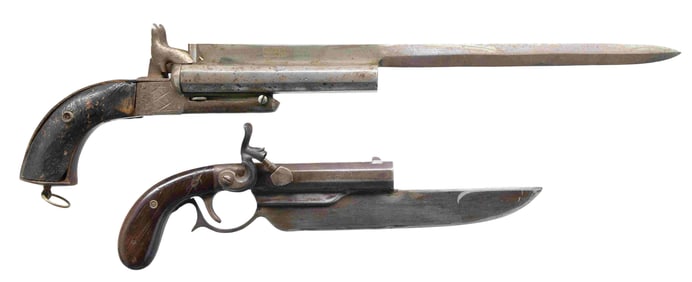 TWO NOVELTY ANTIQUE PISTOLS WITH KNIFE BLADES.