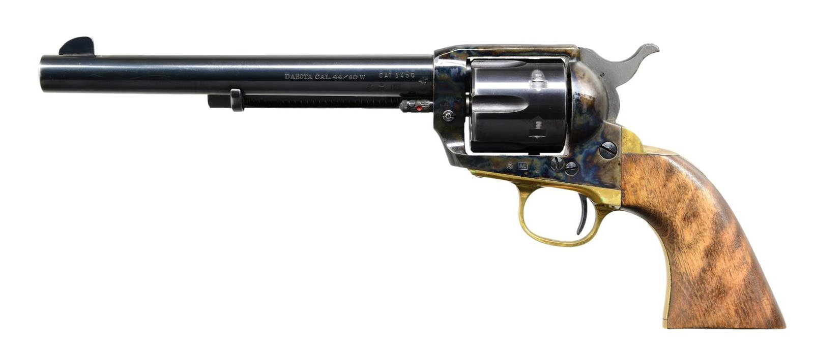 ARMI JAGER DAKOTA SAA REVOLVER.: Cal. 44/40. S# T4210. Bbl. 7 1/2". Blade front sight. Fixed rear sight. Case-colored frame and loading gate. Blued bbl., cyl., and ejector rod assembly. Brass trigger guard and grip frame. Smooth hard