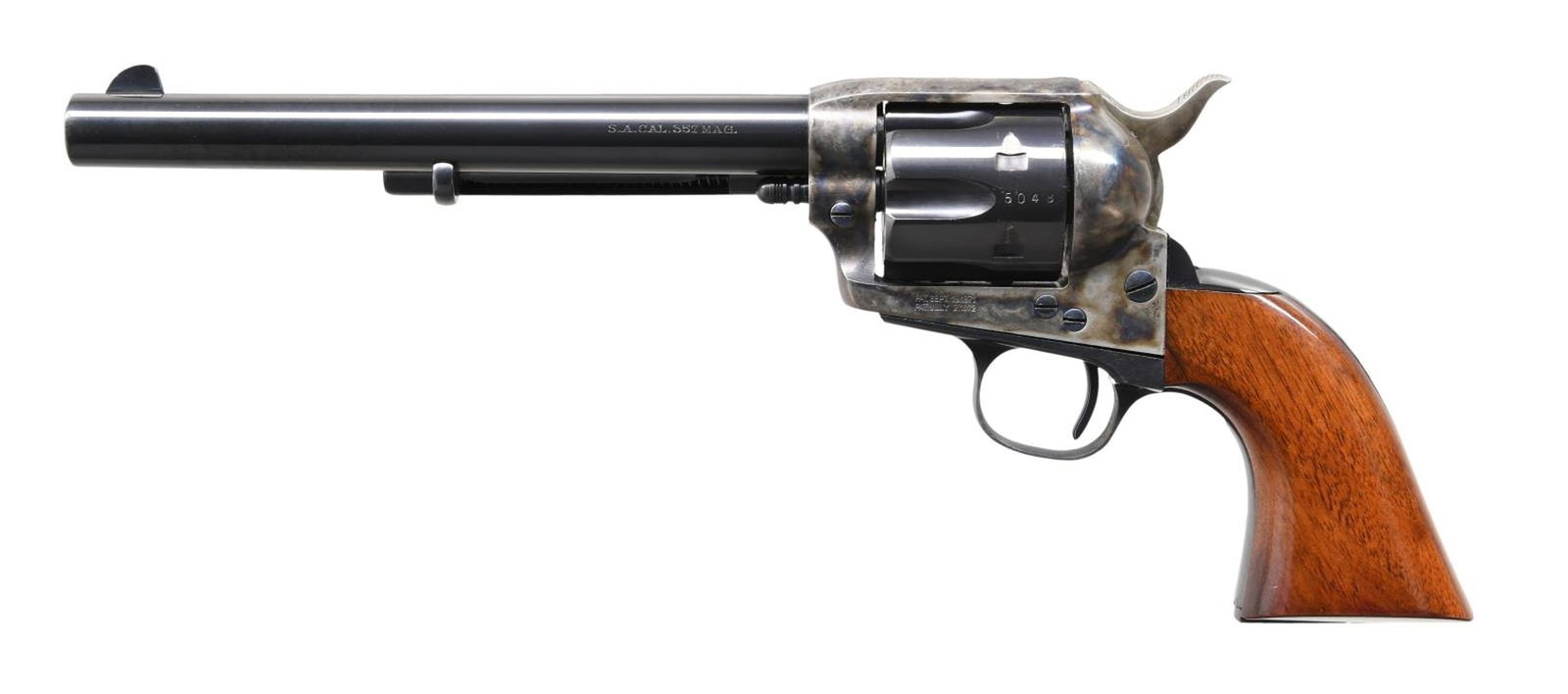 CIMARRON 1873 PEACEMAKER SAA REVOLVER.: Cal. 357. S# P05048. Bbl. 7 1/2". Blade front sight. Fixed rear sight. Case-colored frame, loading gate, and hammer. Other parts are blued. Smooth walnut grips. UNATTACHED ACCESSORIES: hardwood displa