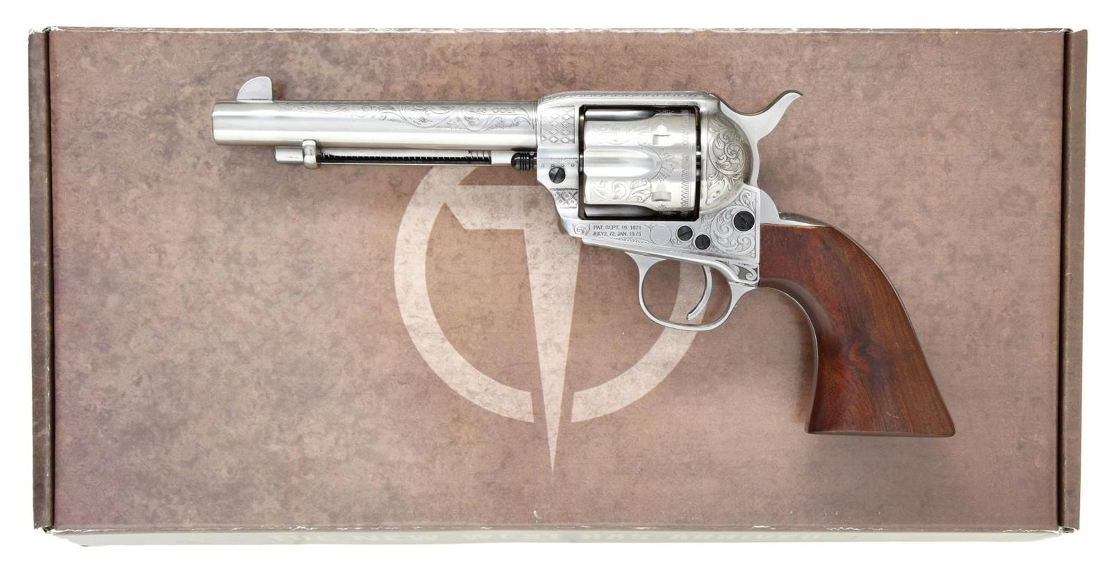 UBERTI / TAYLOR'S & CO. ENGRAVED MODEL 1873: CATTLEMAN SINGLE ACTION REVOLVER. Cal. 45 Colt. S# UY0298. Bbl. 5 1/2". Model 1873 Cattleman single action revolver mfg. by Uberti in Italy and imported by Taylor's & Co. of Winchester, VA. The top of