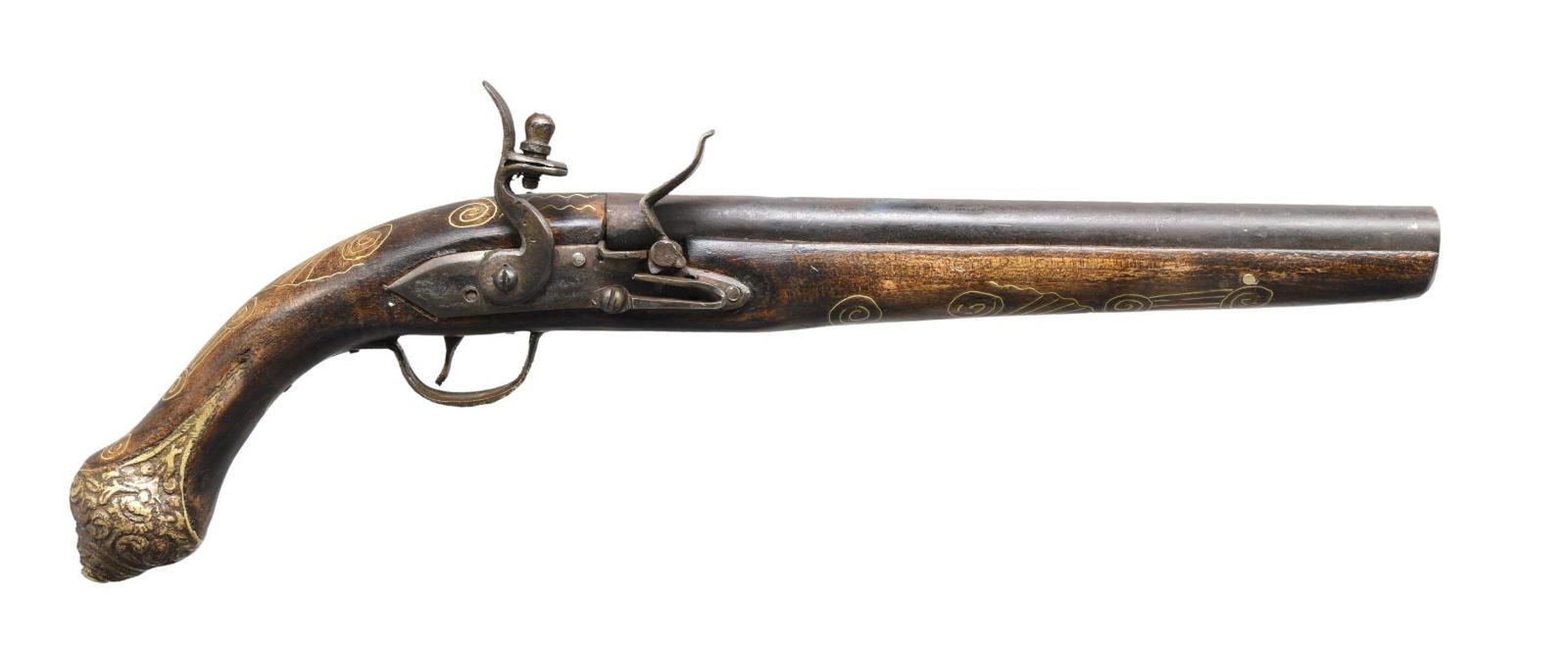 TOURIST ARABIC STYLE FLINTLOCK PISTOL REPLICA.: Cal. 62. NSN. Round 10 1/4" barrel. Unmarked cast lock, Hardwood stock with gold plated ornamentation including side plate & butt cap. CONDITION: fair overall with dark brown barrel. Good wood finish.