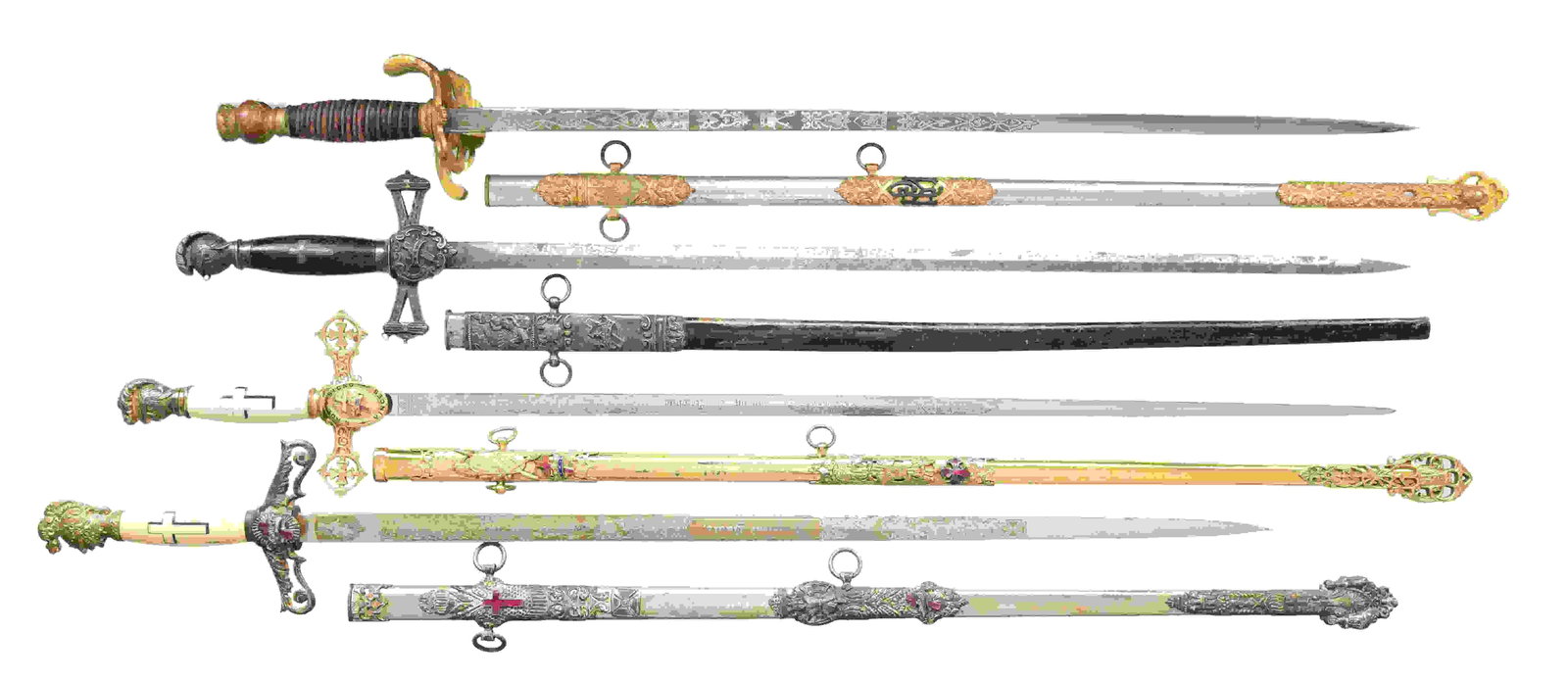 4 AMERICAN FRATERNAL SWORDS.: 1) KNIGHTS TEMPLAR. Overall length: 38 1/4". Blade length: 30". Blade is etched with various fraternal and foliate motifs, including a personalized panel that reads "Joseph J Meighan". Gilded hilt wit