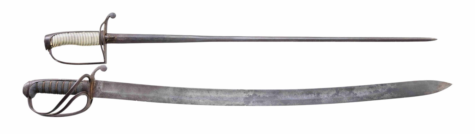 2 EARLY EUROPEAN SWORDS.: 1) Overall length: 33". Blade length: 27 3/4". A fine European spadroon with an etched blade of 6-facet form. Etching includes various foliate and allegorical motifs. Iron hilt with narrow languets an