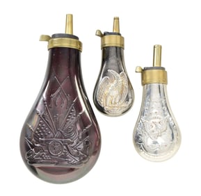 3 REPRODUCTION POWDER FLASKS.