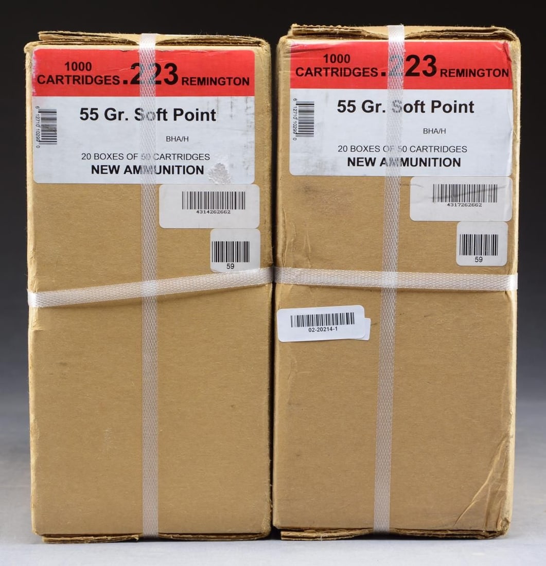 2,000 RDS (2 SEALED CASES) BLACK HILLS 223 REM.: 55 GR. SOFT POINT AMMO. CONDITION: sealed as is. PROVENANCE: The Collection of Gun Sport Ltd owned by Jon R. Thomas. (02-20214-1/MD). $1,000-1,800.