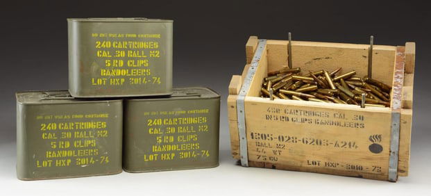 3 SEALED CANS & 1 CRATE OF GREEK XTP 30-06 AMMO.