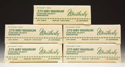 5 BOXES OF WEATHERBY .375 WBY MAGNUM AMMUNITION.