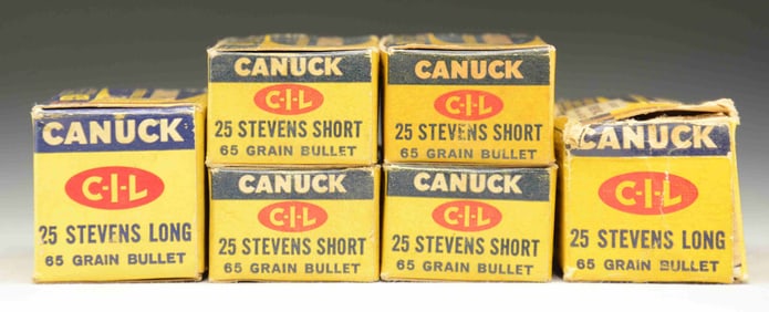 5 BOXES OF CANUCK 25 STEVENS RF CALIBER AMMO.