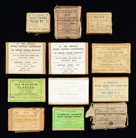 12 BOXES OF VINTAGE ENGLISH RIFLE CARTRIDGES.