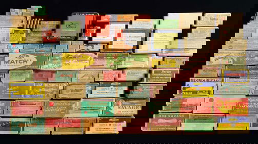 GROUPING MOSTLY EMPTY COLLECTIBLE AMMO BOXES.