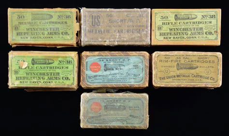 LOT OF 7 VINTAGE BOXES OF .38 SHORT RIMFIRE