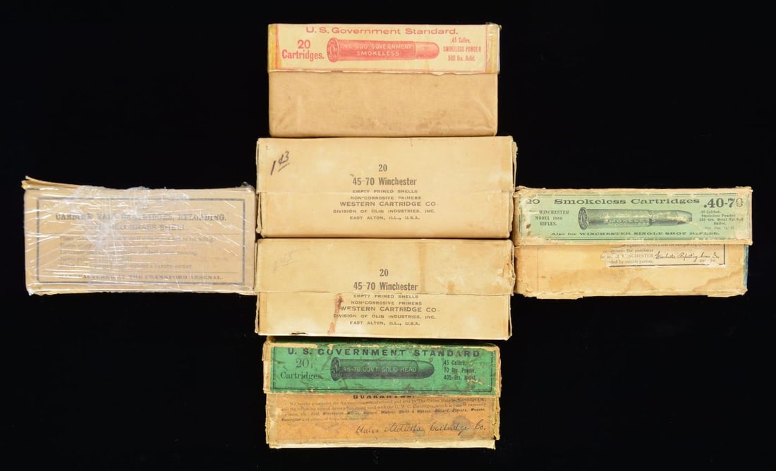 LOT OF 6 BOXES OF VINTAGE AMMUNITION & CASES.: Lot consists of 6 assorted vintage boxes of ammunition and cartridge cases, including: 1) 1 full box of 20 cartridges mfg. by Frankford Arsenal marked "20/ CARBINE BALL CARTRIDGES, RELOADING.". 2) 1 v