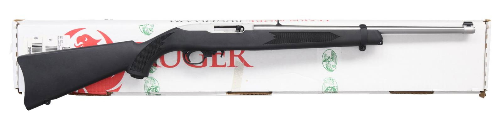 RUGER MODEL 10/22 SEMI-AUTO CARBINE.: Cal. 22 LR. S# 0012-85039. Bbl. 18 1/2" with banded brass bead front sight plus folding leaf rear. Mfg. 2019 as stainless Model 01256. Black checkered synthetic carbine stock with checkering and integ