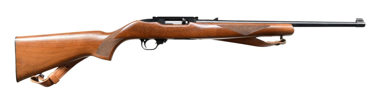 RUGER MODEL 10/22 DELUXE SPORTER SEMI-AUTO RIFLE.: Cal. 22 LR. S# 116-58117. Bbl. 18 1/2" with brass bead front sight and folding leaf rear. Mfg. 1977 (1964 to date) and without "warning" marks; initiated 1977. Receiver marked "10/22 CARBINE" plus has