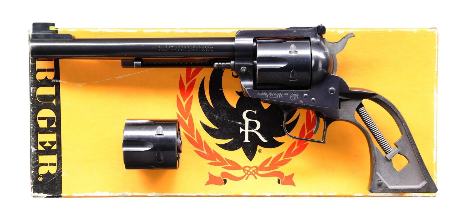 CUSTOM RUGER OM 45 BLACKHAWK CONVERTIBLE REVOLVER.: Cal. 45 Colt / 45 ACP. S# 45-04518. Bbl. 7 1/2" with square custom blade (lime green insert) added to original base; factory frame mounted adjustable rear. Mfg. 1971 (1971-1973 for all 45's; approx. 2