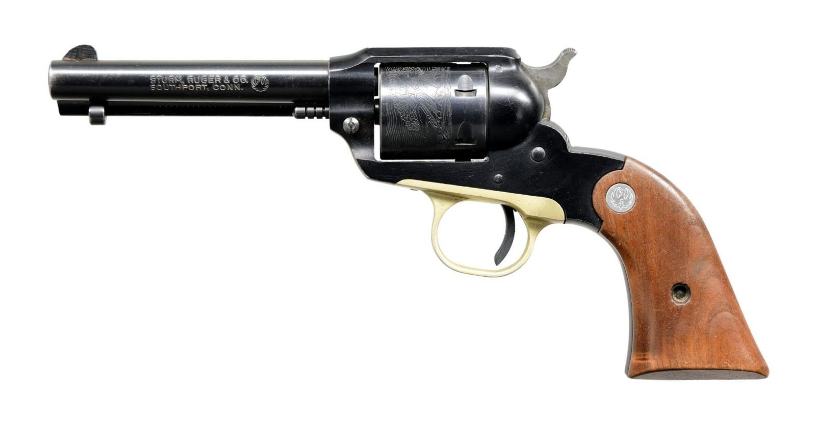 RUGER OLD MODEL BEARCAT REVOLVER.: Cal. 22 LR. S# 107652. Bbl. 4" with fluted blade sight; frame notched rear sight. Mfg. 1968 (1958-1970) without any caliber designation, no "SR' within eagle logo on barrel, anodized brass toned trigg
