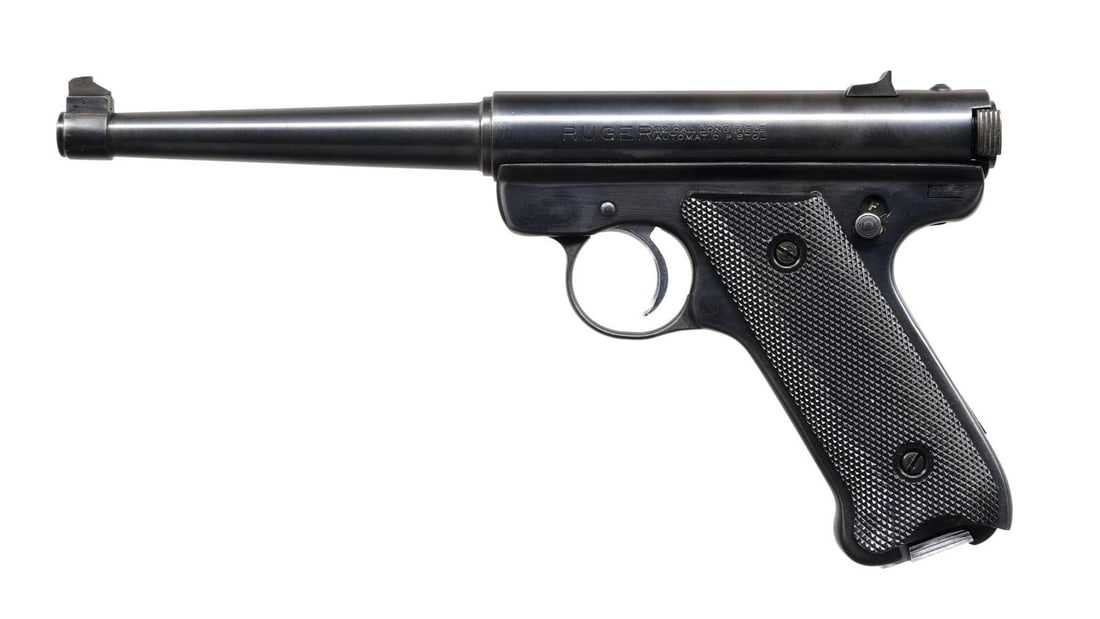 RUGER STANDARD AUTO SEMI-AUTO PISTOL.: Cal. 22 LR. S# 14-55648. Bbl. 6" with flat crown, pinned Patridge sight blade plus dovetailed windage drift adjustable rear sight on receiver. Mfg. 1977 (1949-1982) without "warning marks" having norm