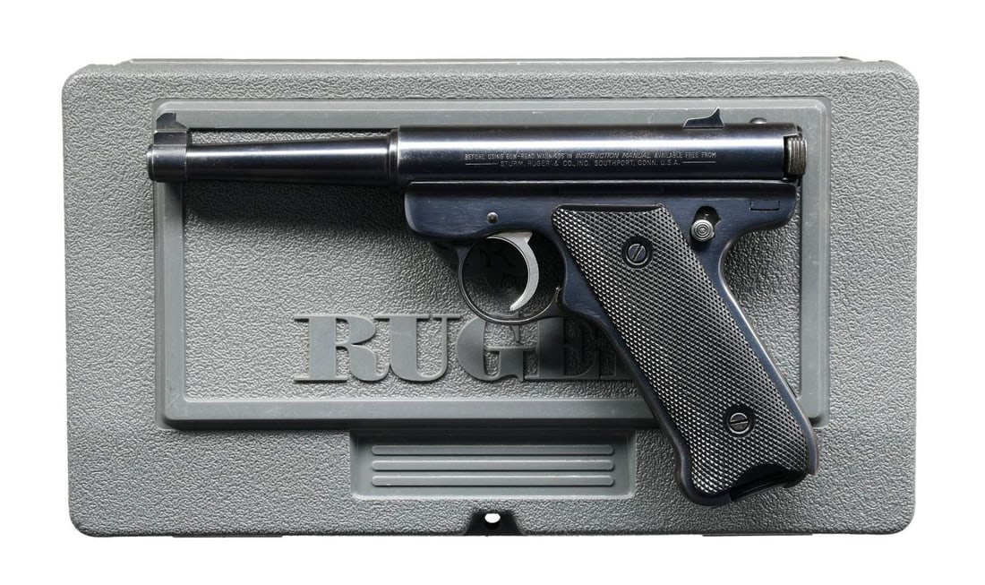 RUGER STANDARD AUTO SEMI-AUTO PISTOL.: Cal. 22 LR. S# 17-35092. Bbl. 4 3/4" with pinned Patridge sight blade plus dovetailed windage drift adjustable rear sight on receiver. Mfg. 1982 (1949-1982) as RST-4 having normal features to include 