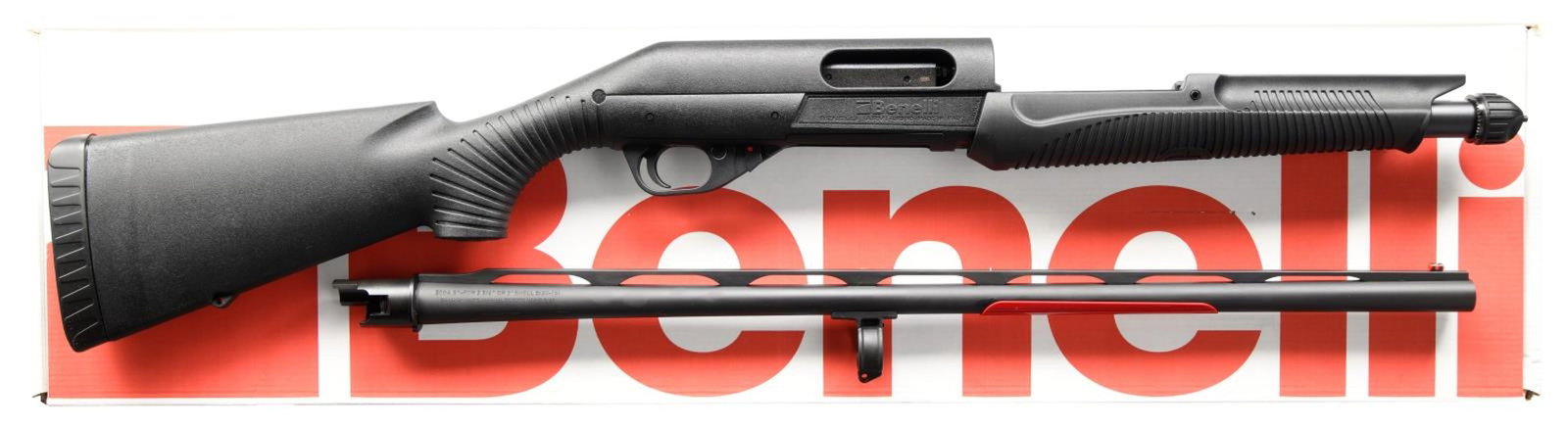 BENELLI NOVA PUMP ACTION SHOTGUN WITH MATCHING: FACTORY BOX. Cal. 20 GA, 2 3/4" & 3". S# BA103552A. Bbl 25 3/4". Nova pump-action shotgun, manufactured by Benelli in Italy and imported by Benelli U.S.A. The left side of the bbl. exhibits Benelli's 