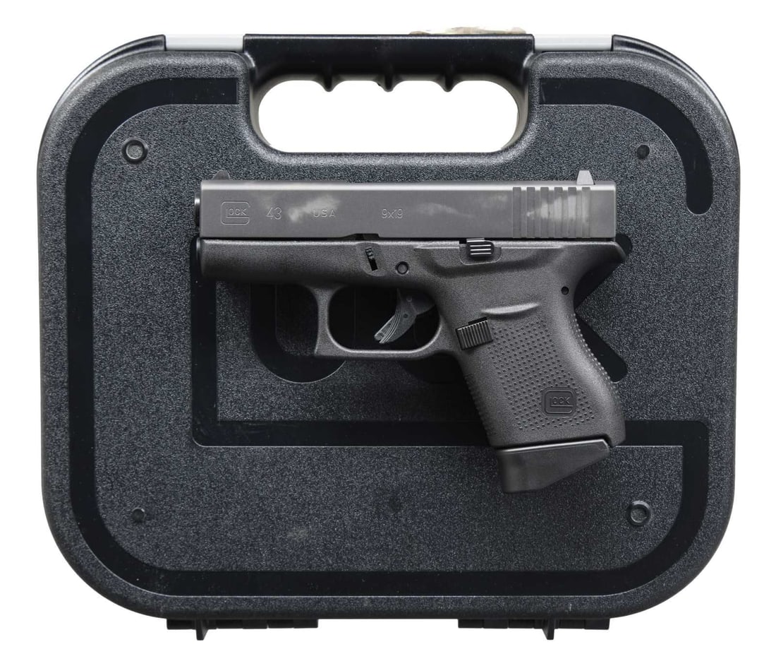 GLOCK 43 SEMI AUTO PISTOL.: Cal. 9x19. S# AGDU099. Bbl. 3 1/2". Standard white outline Glock sights. Matte black finish. USA made Glock 43. Polymer frame. MAGS: 2-6 rd. UNATTACHED ACCESSORIES: matching numbered factory hardcase 