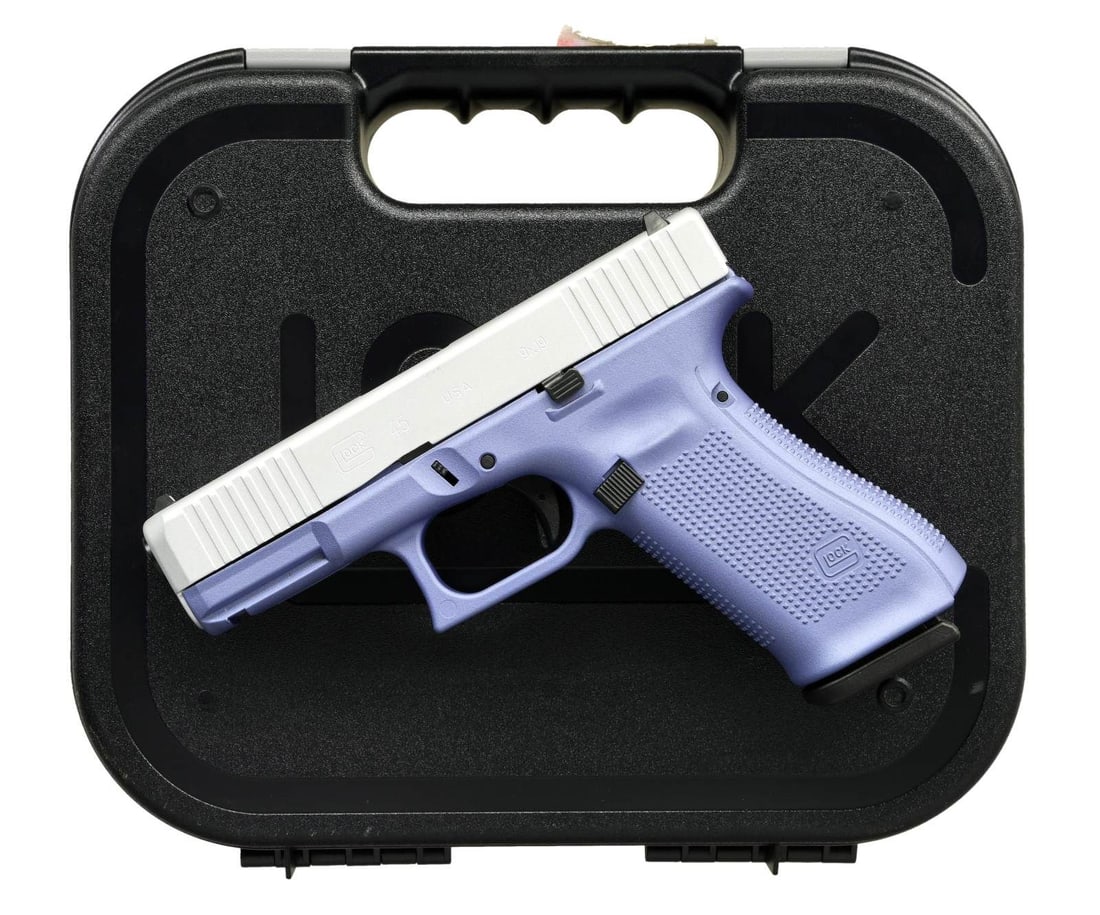GLOCK 45 SEMI AUTO PISTOL.: Cal. 9mm. S# AGEC804. Bbl. 4". Standard white outline Glock sights. Pistol was professionally refinished by Apollo Custom of Greensboro, NC. Silver-finished slide with front and rear serrations. Ambi 