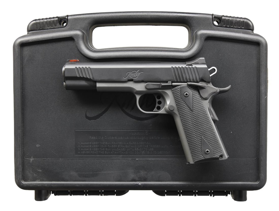 KIMBER CUSTOM LW SHADOW GHOST SEMI AUTO PISTOL.: Cal. 45 ACP. S# K845419. Bbl. 5". Fiber optic front sight. White dot rear sight. Matte black slide with front and rear serrations. Extended right-hand safety. Extended beavertail grip safety. Gray-fin