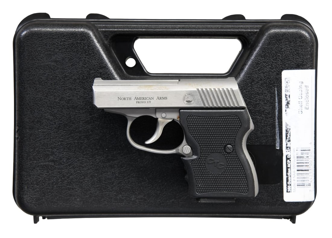 NORTH AMERICAN ARMS MODEL NAA-380 GUARDIAN: SEMI-AUTOMATIC PISTOL WITH MATCHING FACTORY CASE. Cal. 380. S# BE00727. Bbl. 2 1/2". Model NAA-380 Guardian semi-automatic pistol mfg. by North American Arms. The left side of the slide is marked with