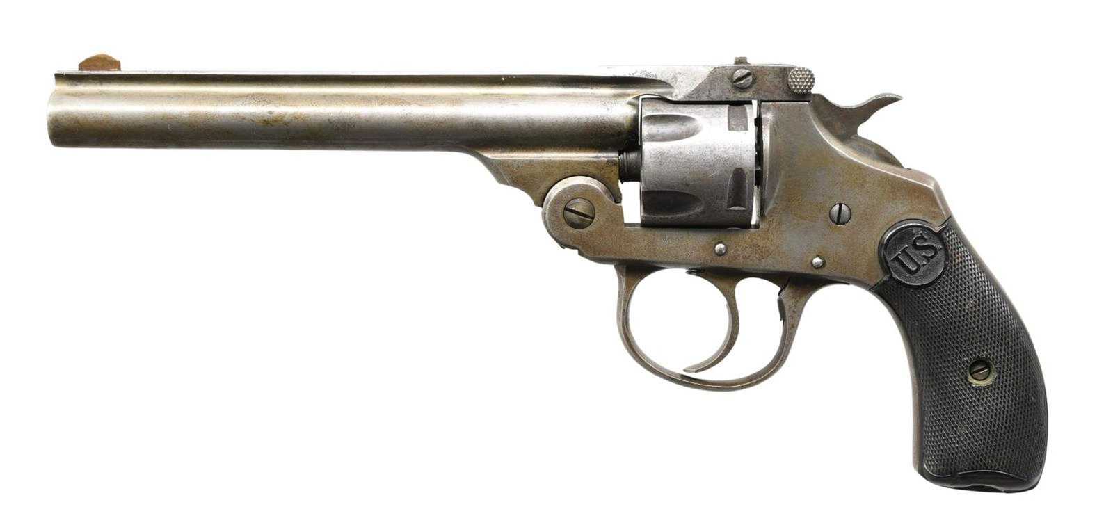 US REVOLVER CO DA REVOLVER.: Cal. 32 S&W. S# 15214. Bbl. 5". Brass blade replacement front sight. U-notch rear sight. Trigger reset is very sluggish and may require attention to fix. Checkered hard rubber grips with a "US" monogr