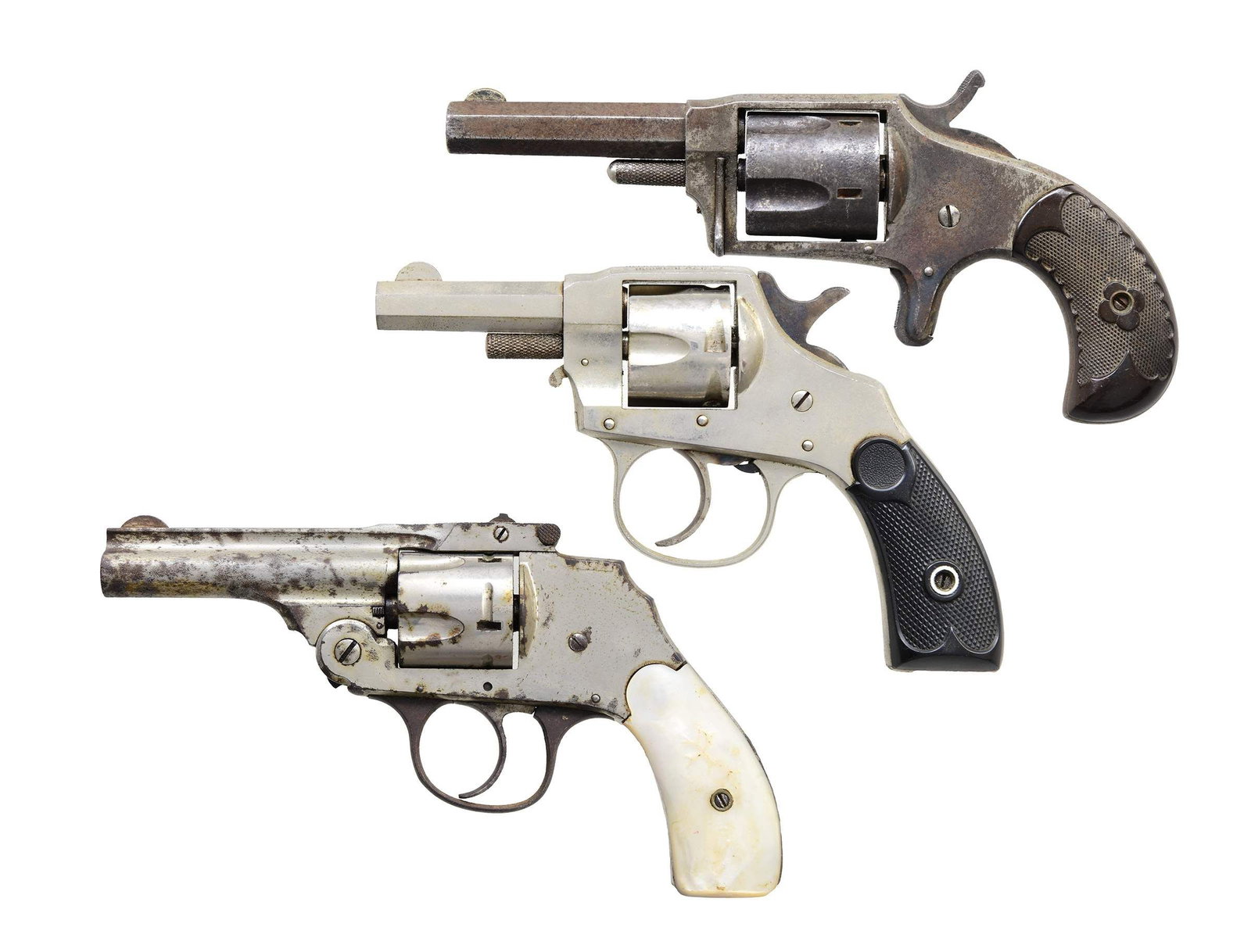 LOT OF 3 HOPKINS & ALLEN REVOLVERS.: 1) HOPKINS & ALLEN RANGER NO.2SA REVOLVER. Cal. 32 RF. S# 4771. Bbl. 2 5/8". Round blade front sight. Fixed rear sight. Checkered brown hard rubber grips. CONDITION: grips show scattered handling wear