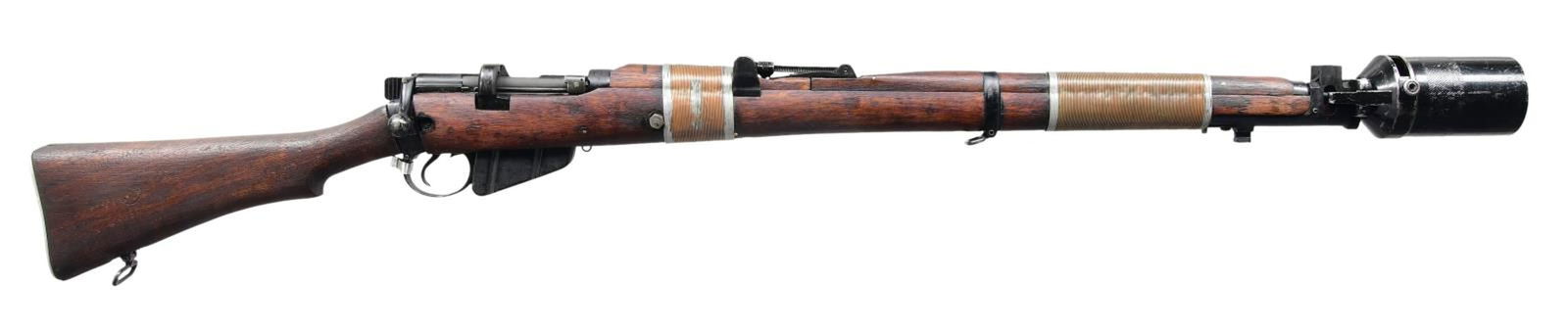 ISHAPORE NO. 1 MK3 SMLE WITH CUP LAUNCHER.: Cal. 303 Brit. S# 92138X. Bbl. 25 1/2". All visible numbers match as arsenal-overhauled. Right side of the socket is marked "No.1 Mk3* R.F.I. 1962". Left side of the socket marked "FR" for factory ove