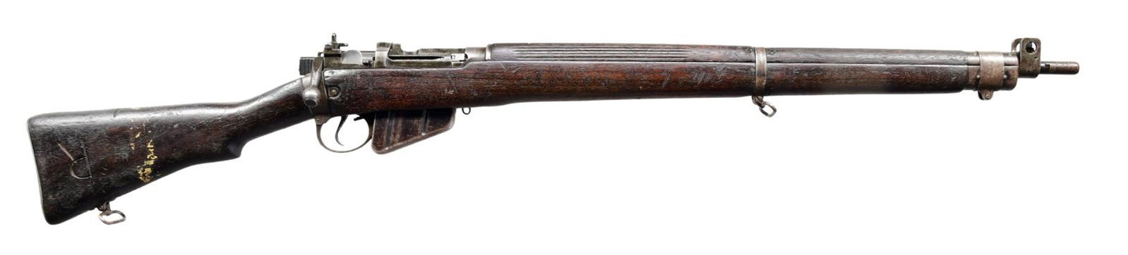 WWII BRITISH NO4 MK1 BOLT ACTION MILITARY RIFLE.: Cal. 303 Brit. S# S146A66. Serial # matches on receiver and bolt. Bbl. 25".Barrel marked on the right side of muzzle with British export proofs. This rifle has an unusual set of markings including the