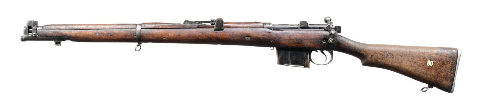 INDIA RFI 2A1 7.62NATO BOLT ACTION MILITARY RIFLE.: Cal. 7.62x51. S# C8150. S#s match on the receiver, bolt, and nosecap. Bbl. 25". Tangent rear sight graduated to 800 meters. Blade front sight. Nosecap has solid squared protective ears and a bayonet m