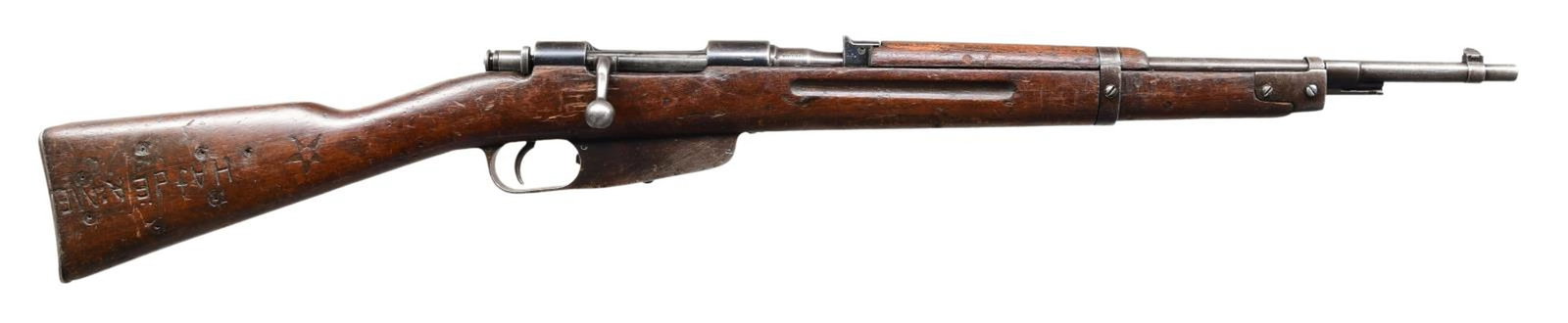 WWII ITALIAN CARCANO MODEL 1938 BOLT ACTION: CARBINE. Cal. 6.5 Carcano. S# AV2549 matches on the barrel and receiver. Bbl. 21 1/8". Import-marked on the bottom of the barrel Fixed open rear sight marked on base: "CAL 6.5". Blade front sight. Bar